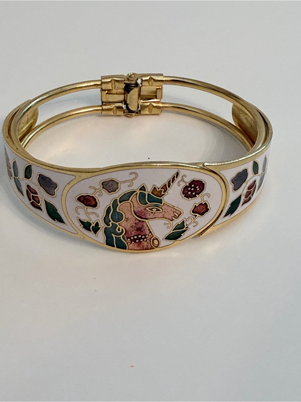 🦄 Vintage Cloisonné Unicorn Hinged Bangle Bracelet